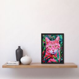 Artery8 Wall Art Print Cat Lover Pet in Fronds Psychedelic Pink Green Art Framed Poster in Black - Size: A4 - thumbnail 4