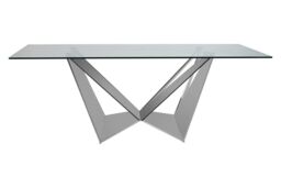 Orsina Dining Table With Tempered Glass Top, Lounge Table With Chrome Base, Garden Table For Patio, Kitchen Table in Silver