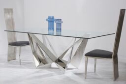 Orsina Dining Table With Tempered Glass Top, Lounge Table With Chrome Base, Garden Table For Patio, Kitchen Table in Silver - thumbnail 4