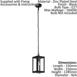 Loops IP44 Outdoor Pendant Light Black Box Lantern & Chain 1 x 60W E27 Bulb - thumbnail 2