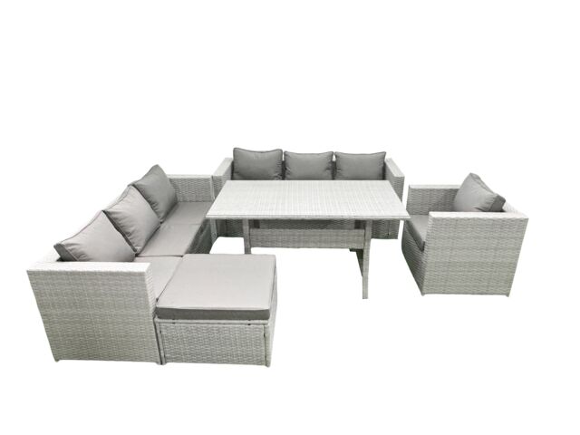 Fimous 5 Pieces Outdoor Rattan Sofa Set with Cushions Patio Garden Furniture Sets with Armchair Dining Table Big Footstool in Light Grey - image 1