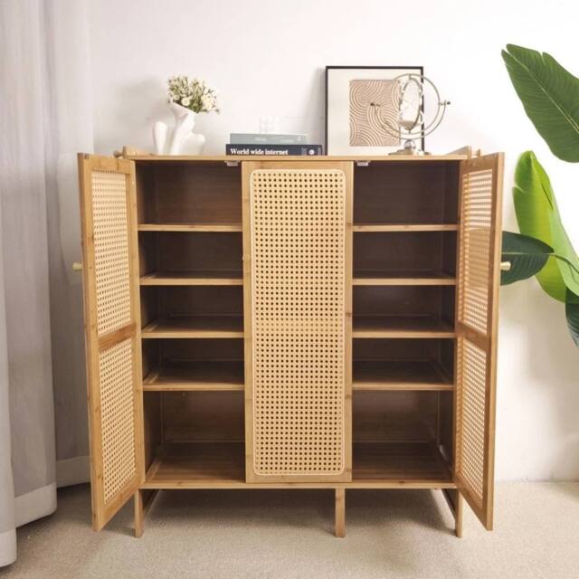 EONLION Tall Shoe Cabinet 3 Rattan Doors with Side Hooks in Brown - Size: 100 cm - image 1
