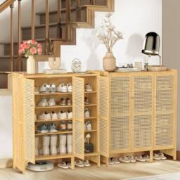 EONLION Tall Shoe Cabinet 3 Rattan Doors with Side Hooks in Brown - Size: 100 cm - thumbnail 5
