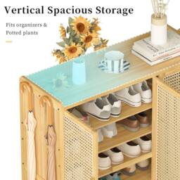 EONLION Tall Shoe Cabinet 3 Rattan Doors with Side Hooks in Brown - Size: 100 cm - thumbnail 4
