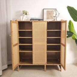 EONLION Tall Shoe Cabinet 3 Rattan Doors with Side Hooks in Brown - Size: 100 cm - thumbnail 1