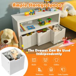 Costway 3 Drawer Storage Cabinet Wooden Bookshelf Display Rack Toy Organizer Table in White - thumbnail 6