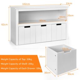 Costway 3 Drawer Storage Cabinet Wooden Bookshelf Display Rack Toy Organizer Table in White - thumbnail 2