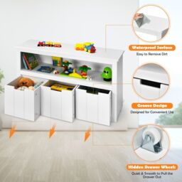Costway 3 Drawer Storage Cabinet Wooden Bookshelf Display Rack Toy Organizer Table in White - thumbnail 5