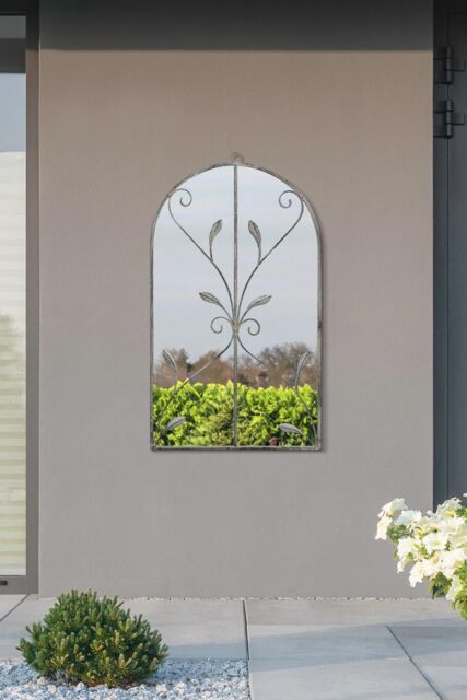 "MirrorOutlet Concrete Colour Metal Frame Arched Garden Mirror 31"" x 18"" 80 x 46CM in Grey - Size: 1 Pack" - image 1