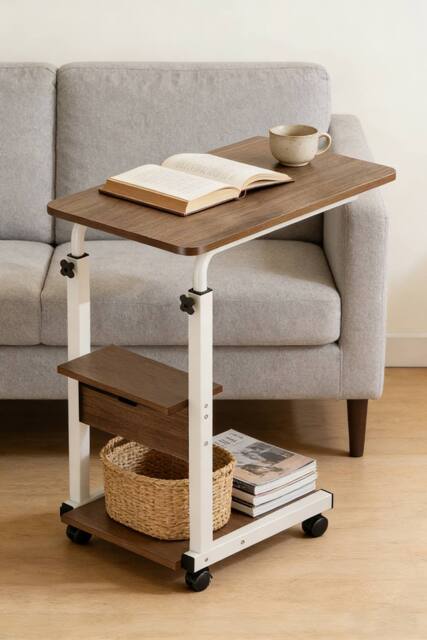ExtraStar Height Adjustable Mobile Side Table with Storage Shelf in Brown - image 1