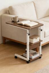 ExtraStar Height Adjustable Mobile Side Table with Storage Shelf in Brown - thumbnail 2