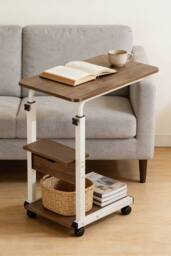 ExtraStar Height Adjustable Mobile Side Table with Storage Shelf in Brown - thumbnail 1