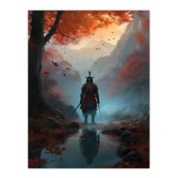 Artery8 Wall Art Print Samurai Guardian Concept Painting Mythical Kingdom Warrior in O-yoroi Armour Prepared for Battle in Foggy Autumn Forest - thumbnail 1