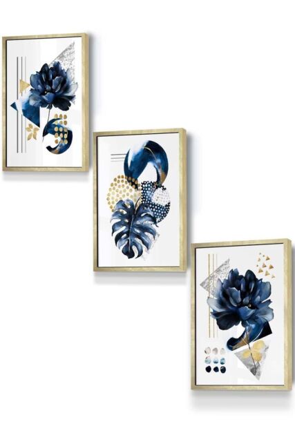 ARTZE Set of 3 Gold Framed Abstract Blue & Gold Botanical Wall Art in Navy - Size: W33 cm x H45 cm x D20mm - image 1
