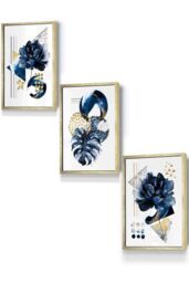 ARTZE Set of 3 Gold Framed Abstract Blue & Gold Botanical Wall Art in Navy - Size: W33 cm x H45 cm x D20mm
