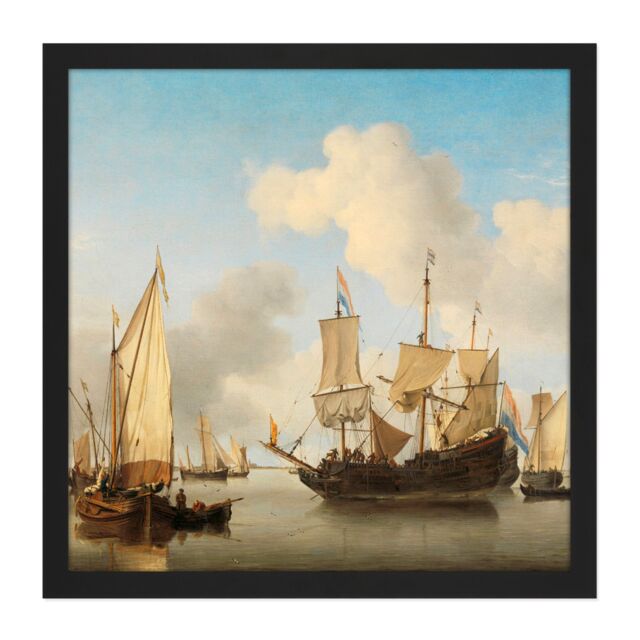 "Artery8 Wall Art Print Van De Velde Ships At Anchor On Coast Square Framed Picture 16X16 Inch in Black - Size: W16"" x H16""" - image 1
