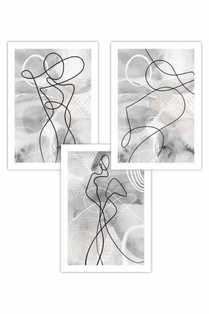 ARTZE Set of 3 Abstract Fashion Line Art in Grey & White Art Posters in Light Grey - Size: W50 cm x H70 cm - image 1