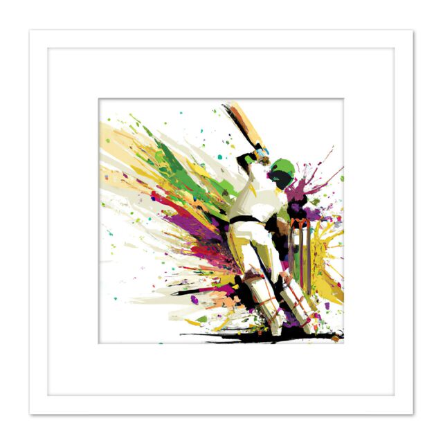 Artery8 Sports in Motion Cricket Batsman Splatter Style Painting Square Wooden Framed Wall Art Print Picture 8X8 Inch in White - image 1