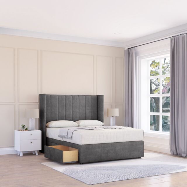 "Sloomy Falcon Plush Wingback Bed Set, 2 Drawers & 54"" Floor Standing Headboard in Dark Grey - Size: Small Double" - image 1