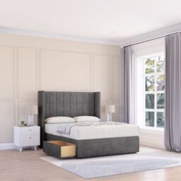 "Sloomy Falcon Plush Wingback Bed Set, 2 Drawers & 54"" Floor Standing Headboard in Dark Grey - Size: Small Double" - thumbnail 1