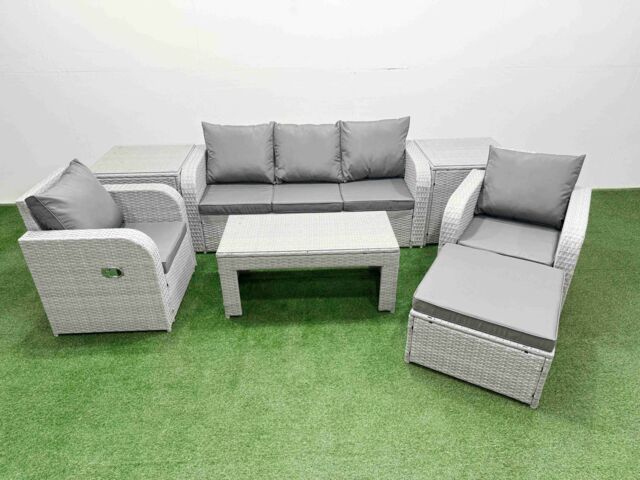 Fimous PE Rattan Garden Furniture Set Reclining Chair Sofa Lounge Sofa Set Rectangular Coffee Table 2 Side Table Big Footstool Light Grey - image 1