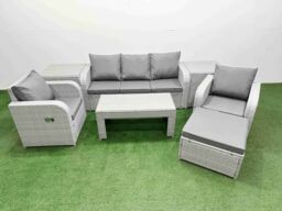 Fimous PE Rattan Garden Furniture Set Reclining Chair Sofa Lounge Sofa Set Rectangular Coffee Table 2 Side Table Big Footstool Light Grey - thumbnail 2