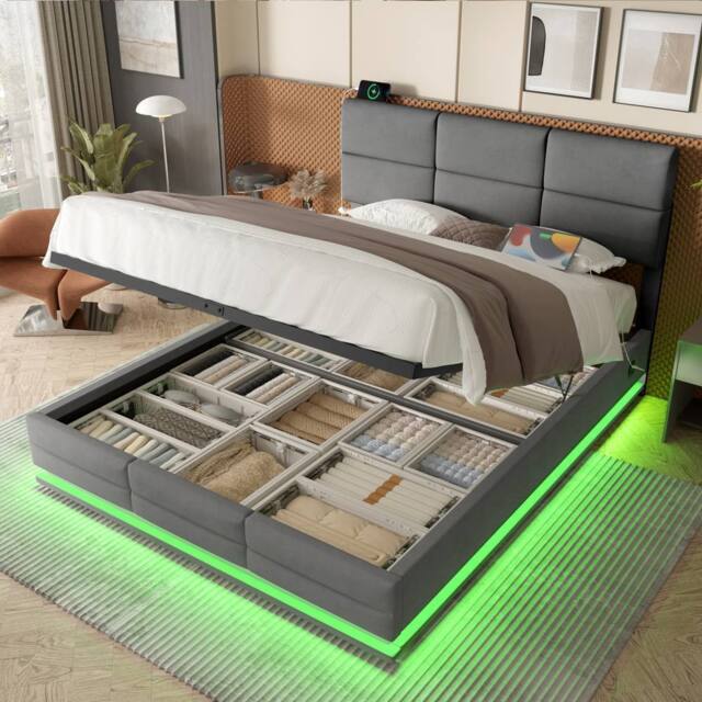 Direct Wicker Velvet Upholstered King Bed with Adjustable Headboard, LED Lighting in Grey - image 1