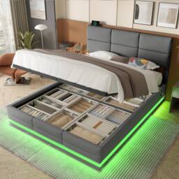Direct Wicker Velvet Upholstered King Bed with Adjustable Headboard, LED Lighting in Grey