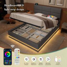 Direct Wicker Velvet Upholstered King Bed with Adjustable Headboard, LED Lighting in Grey - thumbnail 4