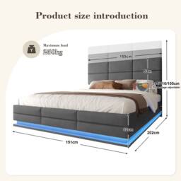 Direct Wicker Velvet Upholstered King Bed with Adjustable Headboard, LED Lighting in Grey - thumbnail 2