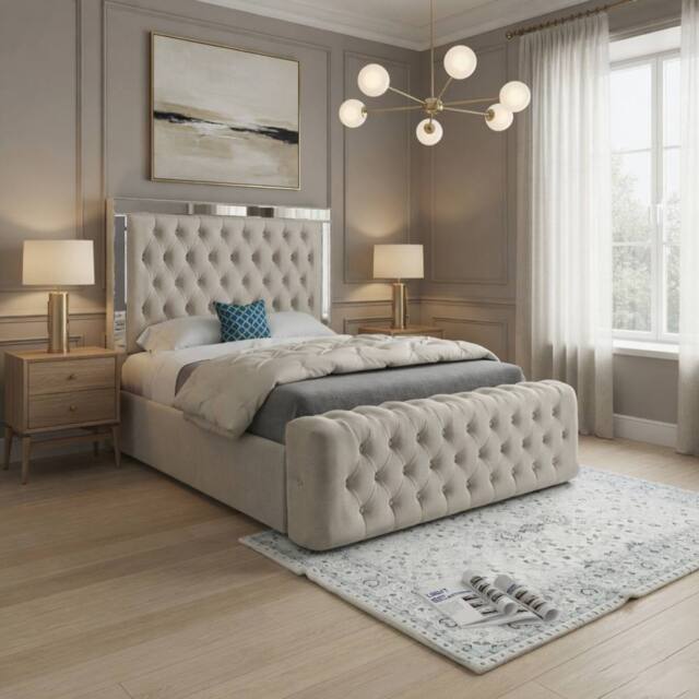 KDMD Reigate Mirror Upholstered Beige Soft Velvet Designer Bed Frame in Cream - Size: Single - image 1