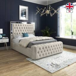 KDMD Reigate Mirror Upholstered Beige Soft Velvet Designer Bed Frame in Cream - Size: Single - thumbnail 4