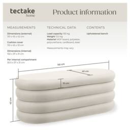 tectake Bench Altu - With Velvet Or Bouclé Cover, Padded, Hallway Storage in Cream - thumbnail 6