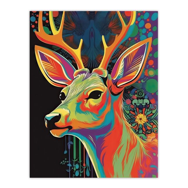 "Artery8 Wall Art Print Psychedelic Buck Multicoloured Deer Abstract Painting Vibrant Bold Bright Colourful Painting Poster - Size: W24"" x H32""" - image 1