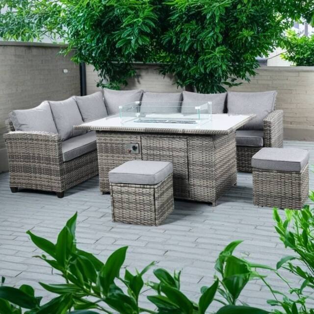 Outdoor Living The Conwy 8 Seat Corner Gas Firepit Rattan Dining Set - Mixed Grey in Dark Grey - image 1