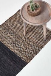Homescapes Leather Handwoven Herringbone Hall Runner, 66 x 200 cm in Black - Size: 66 cm x 200 cm - thumbnail 1