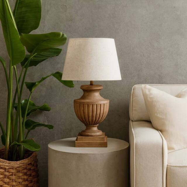 Wyld Haus Castelnau Flute Pedestal Wooden Effect Table Lamp Cream Linen Shade in Brown - image 1