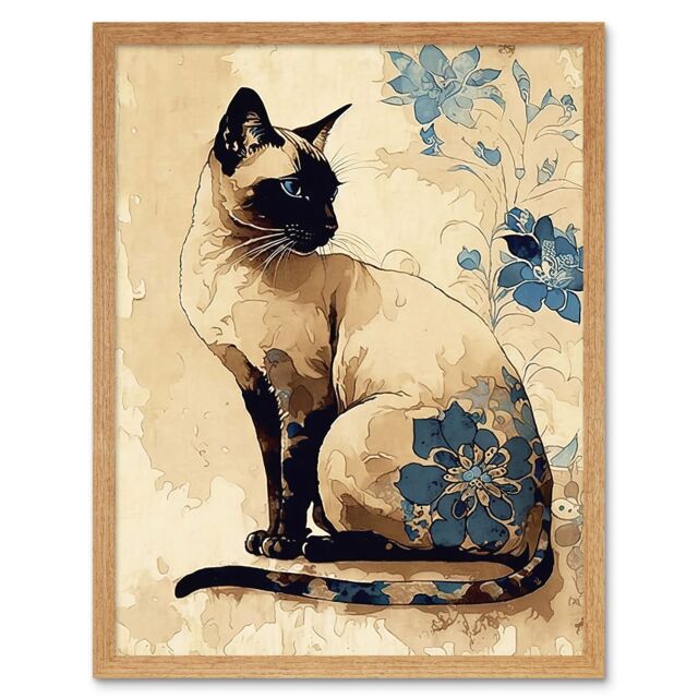 "Artery8 Wall Art Print Siamese Cat with Blue Flowers Watercolour & Ink Modern Art Framed in Light Oak - Size: W12"" x H16""" - image 1