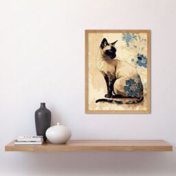 "Artery8 Wall Art Print Siamese Cat with Blue Flowers Watercolour & Ink Modern Art Framed in Light Oak - Size: W12"" x H16""" - thumbnail 2