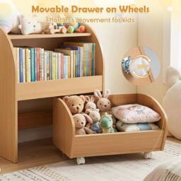 VOGREX Kids Toy Shelf 2 Open Shelves Wheeled Drawer Natural - thumbnail 3