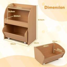 VOGREX Kids Toy Shelf 2 Open Shelves Wheeled Drawer Natural - thumbnail 2