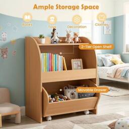 VOGREX Kids Toy Shelf 2 Open Shelves Wheeled Drawer Natural - thumbnail 4