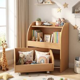 VOGREX Kids Toy Shelf 2 Open Shelves Wheeled Drawer Natural - thumbnail 5
