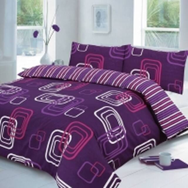 Homes-Linen Blake Geometric Reversible Duvet Cover Bedding Set in Aubergine - Size: Single - image 1