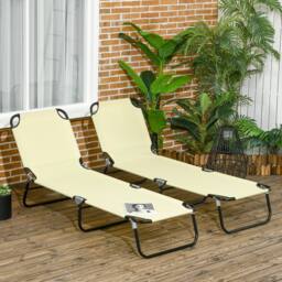 OUTSUNNY Folding Sun Loungers Set of 2 with Adjustable Backrest, Beige