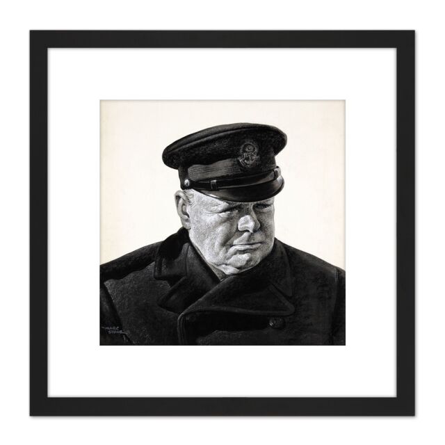 Artery8 Stone Portrait UK Prime Minister Winston Churchill Painting 8X8 Inch Square Wooden Framed Wall Art Print Picture with Mount in Black - image 1