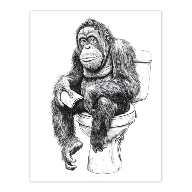 "Artery8 Orangutan Ape On Toilet Funny Black White Drawing Wall Art Print - Size: W24"" x H32""" - image 1