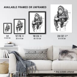 "Artery8 Orangutan Ape On Toilet Funny Black White Drawing Wall Art Print - Size: W24"" x H32""" - thumbnail 3