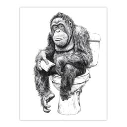 "Artery8 Orangutan Ape On Toilet Funny Black White Drawing Wall Art Print - Size: W24"" x H32""" - thumbnail 1