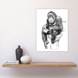 "Artery8 Orangutan Ape On Toilet Funny Black White Drawing Wall Art Print - Size: W24"" x H32""" - thumbnail 4
